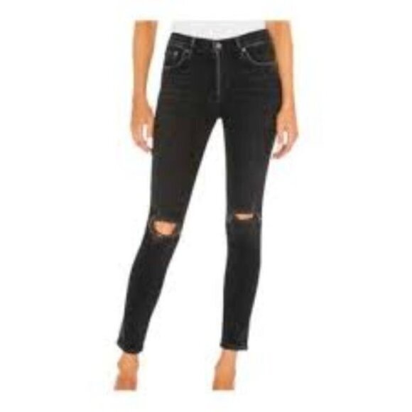 Agolde Black Sophie Distressed High Rise Stretch Denim Boho Skinny 25 Jeans - Picture 1 of 7